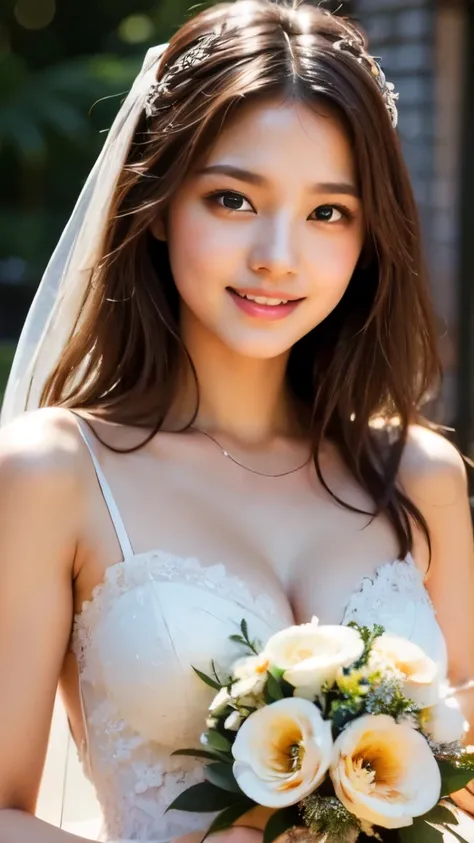 8k,Highest quality,(masterpiece:1.2),(Realistic),(Realistic:1.37),Ultra-high resolution,1 female college student,smile,Beautiful Eyes,Holding a bouquet,English Garden,(((Wedding dress))),Big Breasts,Perfect body,Perfect Fingers,Professional Lighting,gravur...