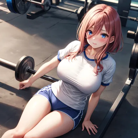 1 girl, alone, high quality, big tits, beautiful, slender, shoot from above, gym uniform, gym , embarrassing, blush BREAK arm off screen:2, white t-shirts, dark blue gym shorts,