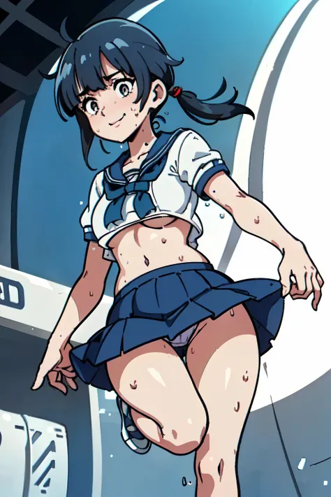 best quality, masterpiece, 1 girl, (standing on one leg:1.2), from below, smile, (sweating a lot:1.3), (low short twintails hair with bangs:1.3), summer sailor uniform, short skirt, belly button, upskirt, (medium breast, underboobs:1.1), (metro station:1.2...