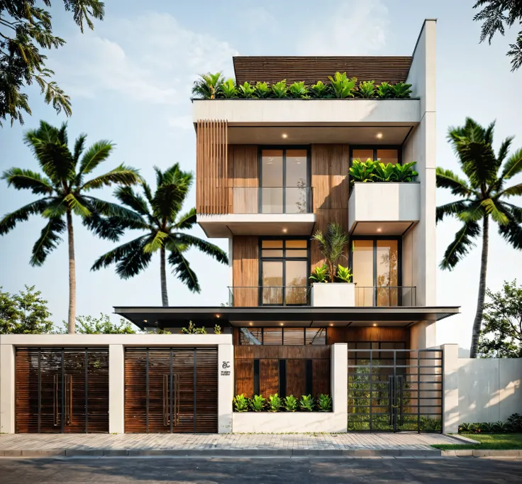 modern villa, tropical style, tropical planting, tropical tree, open space loft villa with roof garden, modern, dynamic (raw pho...