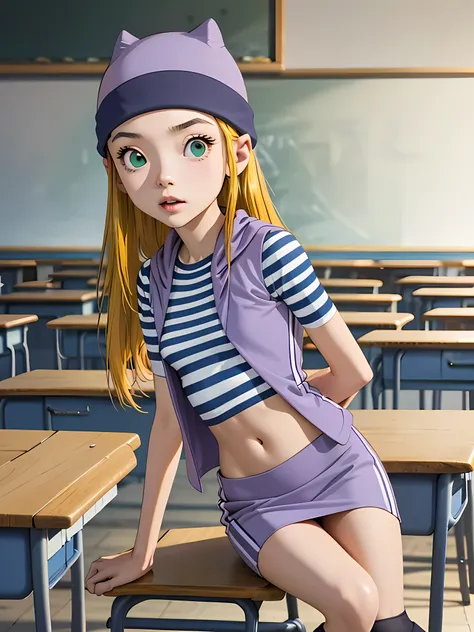 (masterpiece, best quality), 1girl, izumi orimoto, indoors, classroom, seated, green eyes, blonde hair, long hair, purple beanie...