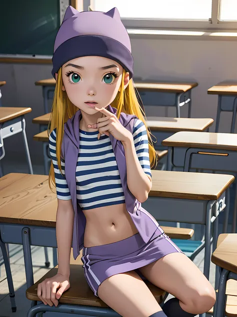 (masterpiece, best quality), 1girl, izumi orimoto, indoors, classroom, seated, green eyes, blonde hair, long hair, purple beanie...