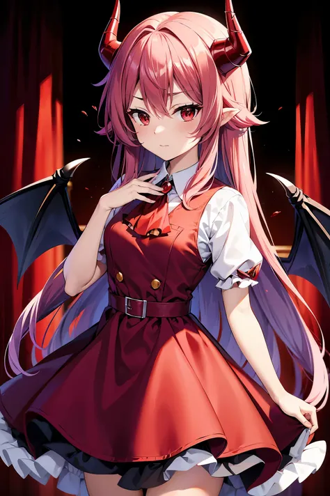 remilia scarlet、 hair,red eyes,long hair,demon horns,his suit,girl body type,there are demon wings behind him.,there was a littl...