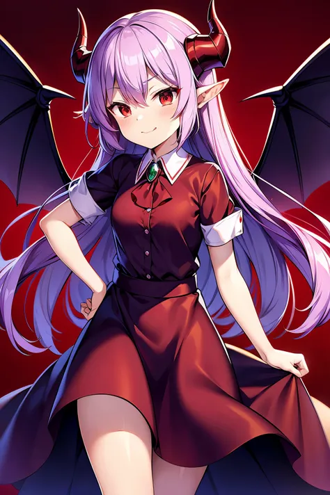 remilia scarlet、 hair,red eyes,long hair,demon horns,his suit,girl body type,there are demon wings behind him.,there was a littl...