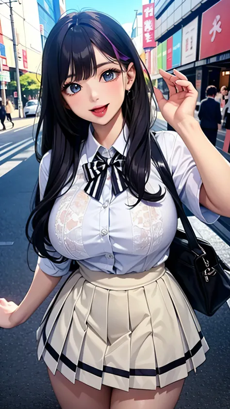 (Highest quality), (so beautiful), (Very detailed), (Best illustrations), Gal, Improve, alone, 1 dog, Rainbow Hair,Long Hair, Messy Hair, Random color eyes, Large Breasts, Striped Dress Shirt, Pleated skirt,Tokyo,Fancy city,Laughing with your mouth open