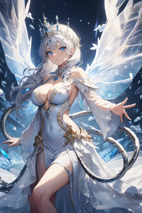 The Snow Queen, she wearing Long silver glittering dress , big breasts，The Ice crown On her head,Background is Ice snakes and Ice butterflies flying