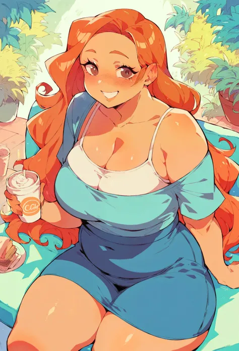 One Girl,orange long hair,Cleavage, Thighs Thighs Thighs Thighs, Cafe Background, Ecstatic smile,blush,casual,Brown eyes,Chubby athletic body, Large Breasts