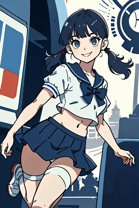 best quality, masterpiece, 1 girl, (standing on one leg:1.2), smile, (low short twintails hair with bangs:1.3), summer sailor uniform without skirt, belly button, white panty, (medium breast:1.1), (metro station:1.2), lively, bustling, cyber