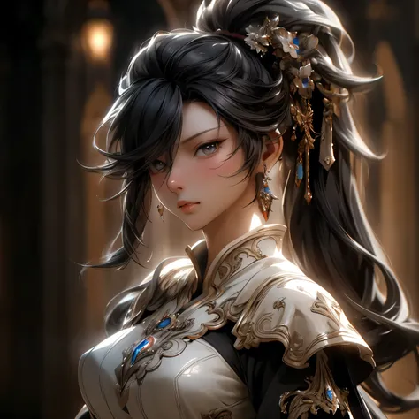 (best quality)), ((Masterpiece)), (details:1.4), 3d, HDR (high dynamic range), an image of a beautiful cyberpunk female, fantasy, Cyberpunk, Medieval, Black hair, Highi ponytail, Beautiful white eyes, จมูกโด่ง, ปากแดง, หน้าอกใหญ่, nvidia RTX, PBR surface, ...