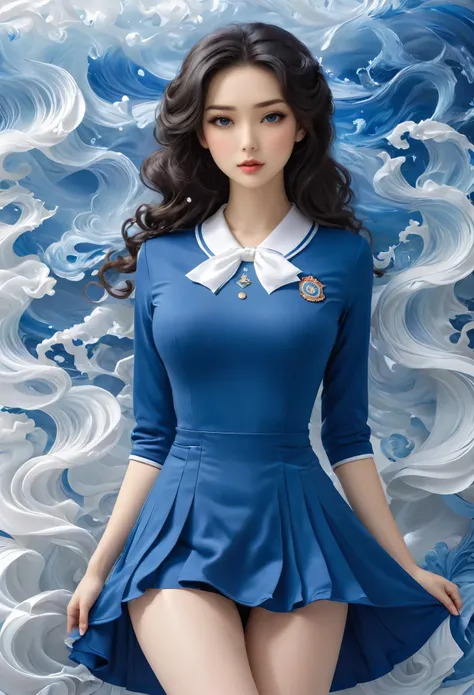 Miss，2，Wavy black hair，Height 171 cm，Skin is white, smooth and tender，The measurements are 38F，23， 35，Beautiful facial features，Wearing a blue uniform，The skirt is a close-fitting narrow skirt，The skirt is very short，Tightly wrapped, round, firm and tight、...