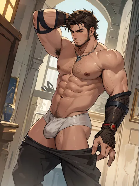 (masterpiece: 1.2), (very detailed: 1.2), (perfectly detailed), (very detailed and beautiful: 1.1) solo, 1 boy, male only, muscular male, dynamic pose, shaved temples, thick stubble, has thick stubble, body hair, action scene, detailed face, at full height...