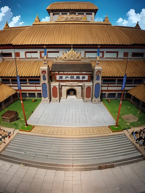 (masterpiece, best quality:1.2), Tenkaichibudoukai, outdoor, battle studium, stone stage, sqare stage, roof in behind, entrance space  between red short wall in back, audience box seats in battle studium,  
