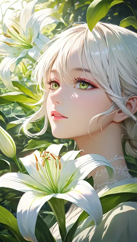 A beautiful single lily flower in bloom, delicate white petals, exquisite stamen, lush green leaves, soft natural light, extremely detailed, 4k, photorealistic, portrait, full focus, vivid colors, natural lighting, serene, elegant, peaceful, calming