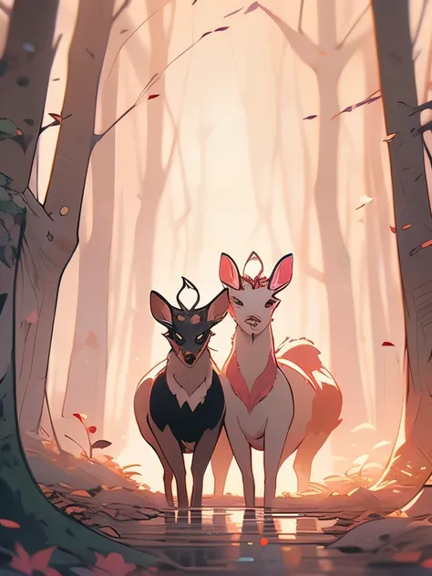 there are two deers that are standing in the woods, a detailed painting by Jin Nong, pixiv, sots art, fauns, brittney lee, laurie greasley and james jean, deers, in pink forest, in style of laurie greasley, jen bartel, pink forest, dreamy psychedelic anime...