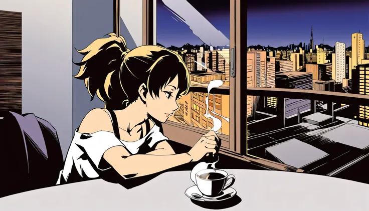 an anime-style illustration captures a serene moment of coffee time. the scene features a young woman relaxing by the window. a ...