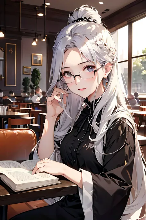 Highest quality, High resolution,thin、expensive、Silver Hair、（Exposing the forehead:1.7)、(semi-long:1.3),Hair Bun、(Cafe:1.4)、Black blouse、Glasses、open the book、Hold a book in one hand、Looking at this、laughing