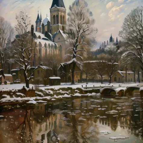 A painting of a snowy landscape with a church in the background, Claude Monet), Claude Monet, by Claude Monet, By Monet, Gustave Loiseau, inspired Claude Bonin Pissarro, Alfred Sisley, Claude Bonin Pissarro, Charles Monet, By Camille Pissarro, inspired Alf...