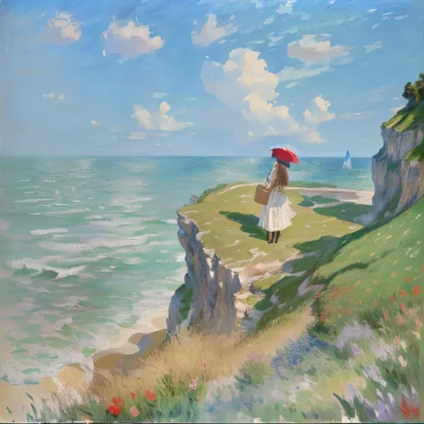 On a cliff overlooking the sea、Painting of a woman holding a red umbrella, Monets paintings, Coastal, Charles Monet, Painted by Monet, Close to the sea, Close to the seashore, Claude Monet, by Claude Monet, Impressionist painting, Monet style, Impressionis...