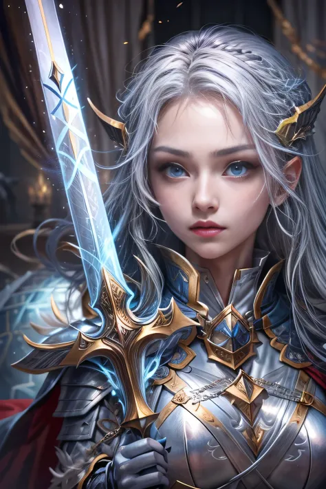 A female knight recognized by the legendary holy sword Excalibur、With the protection of the spirit of light, it emits an aura of light.、8k.Half Russian and half Japanese、Russian face、beautiful girl、A princess with the title of Dragon Slayer、、Small face、You...