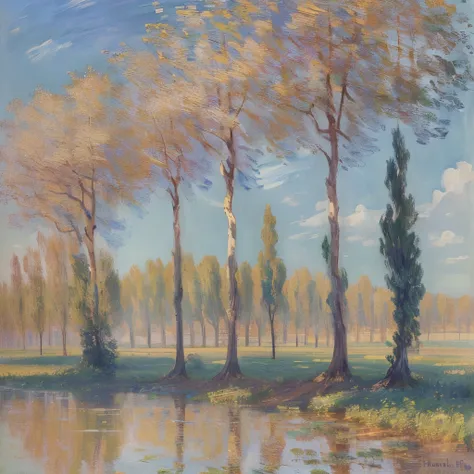 A picture of a group of trees growing in a field near water, Henri Le Sidaneer, Monet&#39;s Style, Claude Monet, by Claude Monet, Monets paintings, By Monet, Claude Monet), impression, french impressionism, neoimpressionist, By William Langson Lathorpe, st...