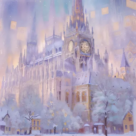 Painting of a cathedral with a clock tower in the background, gustav klimt 4 k, gustav klimt 4k, gustav klimt 8k, gustave klimt, gustav klimt painting, gustav klimt yoh yoshinari, Inspired by Henri Lucidainelle, gustav, art &quot;, Pointillism