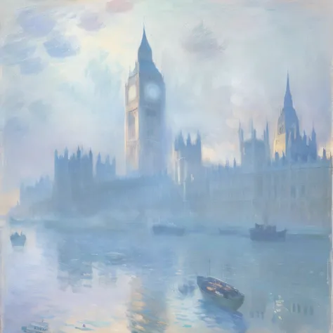 Arafed painting of a city with floating boats, Monets paintings, Painted by Monet, Impressionism, Impressionism painting, Claude Monet, by Claude Monet, the Houses of Parliament, Impressionism芸術, an Impressionismの絵画, Claude Monet), Impressionismの絵画, By Mon...