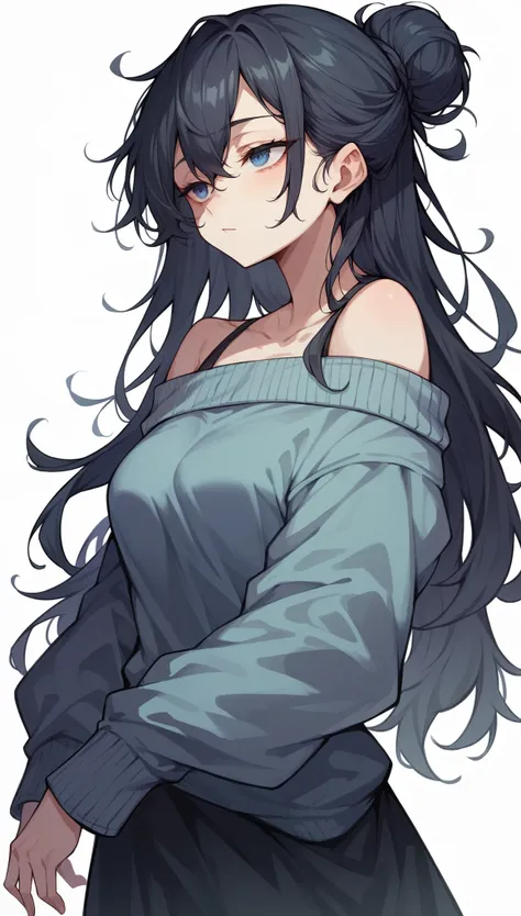 1girl, solo،tall،Black hair,long hair,Messy Bun,blue eyes,medium breast,Loose Gray Sweater ,Black skirt,Half-Closed (Relaxed) Eyes,,Standing Straight with Relaxed Shoulders,White background.