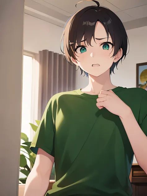 Biologically correct five fingers、upper body、masterpiece、Highest quality、(2 male:1.5) and (Brown short hair) and (Green Eyes), (White T-shirt)、(surprised:1.5)、The background is the living room at night、alone、