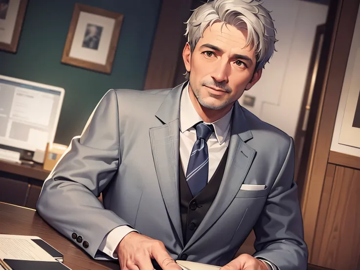  masterpiece,high quality,(A 50-year-old man with short grey hair and brown eyes:1.5),(smile:1.2), open mouth, dutch angle,Wearing a grey suit,The background is the president&#39;s room.,sofa,Alone