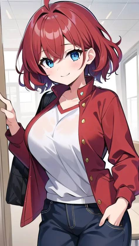 Big breasts, red hair, blue eyes, droopy eyes, red jacket, (super big breasts:1.1), (medium hair: 1.1), baggy clothes, elementary school student, young face, short height, ,, shy , smiling a little, straight hair，, cute clothes, 