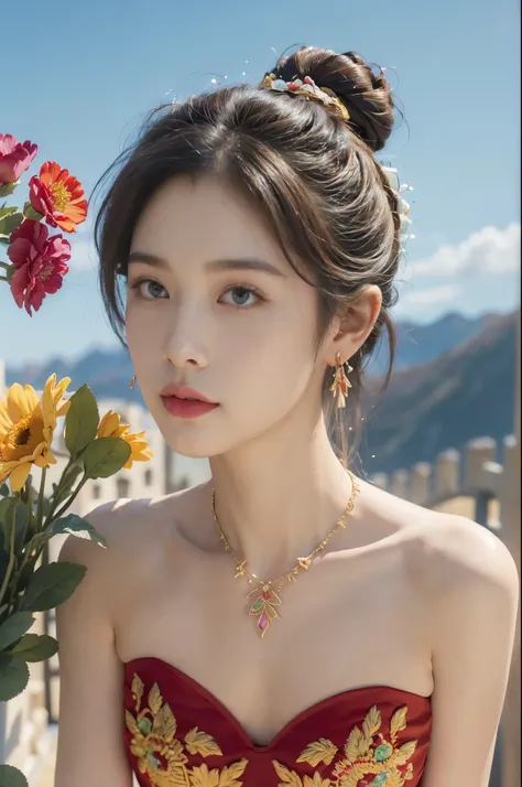 (((best quality))), (((ultra detailed))), (((masterpiece))), illustration,((1 beautiful girl,solo)),(on the Great Wall:1.3),(neat bun:1.2),((earrings,necklace)),((slim,thin)),((small breasts,flat chest)),((October, sunny, autumn,bright sunshine)), magnific...