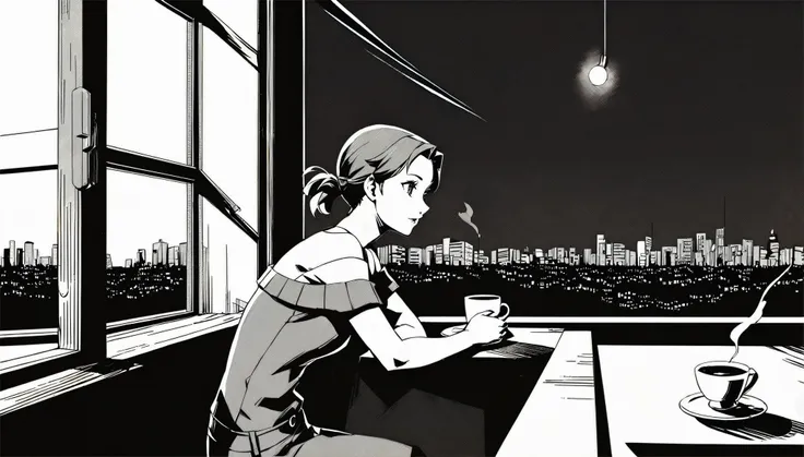 an anime-style illustration captures a serene moment of coffee time. the scene features a young woman relaxing by the window. a ...