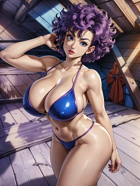 (highest quality:1.2, masterpiece:1.2), 1 girl, solo, (ultra realistic portrait of Lan fan, dbz), (purple hair color:1.5, curly perm:1.5, top up short hair:1.3, blue eyes, single charming mole around mouth), (ultra realistic slingshot bikini, ultra detaile...