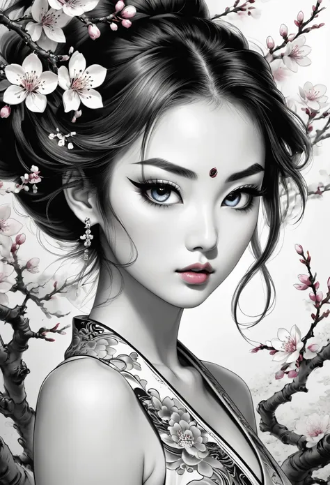 (best qualityer,4K,8k,high resolution,work of art:1.2),ultra detali,black andwhite,Ink Ink,Japanese tattoo,beautiful detailed eyes,beautiful detailed lips,extremely detailed eye and face,long eyelashes,fine line work,delicate shading,artistic composition,t...