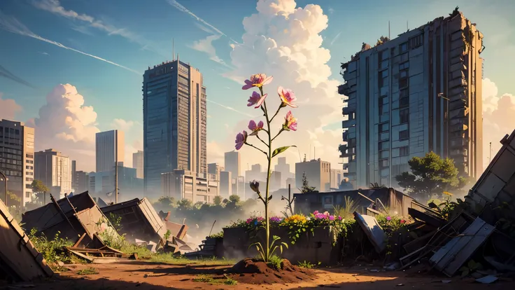 a dystopian destroyed city, a plant that brings and grows through hard concrete, clouds in the sky through which the suns rays shine on the ground, realistic style, highly detailed, (focus on a beautiful flower growing out of the ground:1.5)