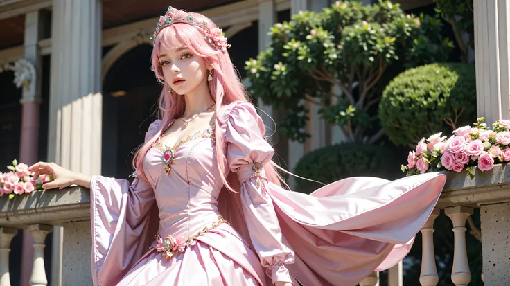 8k, masterpiece, 1 girl, imperial sister, beautiful face, very long hair, hair ornament, Put the crown on your head, Detailed facial expressions body, light makeup, detailed eyes, small breast, ultra detailed clothes, (pink princess dress:1.5), lace:1.5, (...