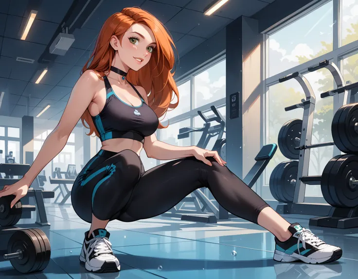 score_9, score_8_up, score_7_up, score_6_up, rating_safe, source_cartoon, BREAK beautiful Kim Possible (orange-red hair:1.1), sexy smirk, BREAK tight gym attire, sneakers, choker, BREAK in the gym, on her knees, stretching, exercising, shallow depth of fie...