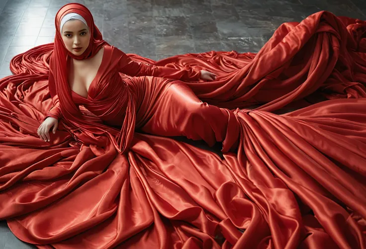 A woman shrouded in a 8-meter-long, plush red satin cloth, tightly bound and grandly draping along the form of her body, flowing off into a pooled floor-length train, styled in a mermaid-inspired outfit, her head modestly veiled in a satin hijab, 175 heigh...