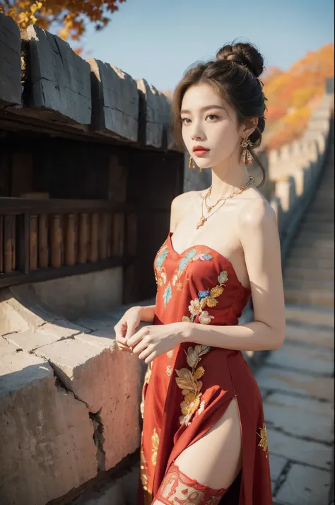 (((best quality))), (((ultra detailed))), (((masterpiece))), illustration,((1 beautiful girl,solo)),(on the Great Wall:1.3),(neat bun:1.2),((earrings,necklace)),((slim,thin)),((small breasts,flat chest)),((October, sunny, autumn,bright sunshine)), magnific...