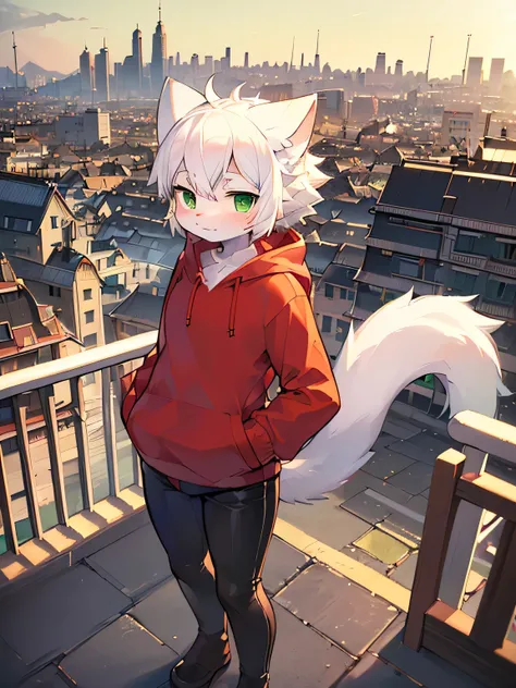 high quality, high detail, ((solo, cat, kemono, white hair, white fur body, green eyes, wear, wear red hoodie, wear black pants, wear black tight stockings, cat tail)), look at camera, blushes, no smile, standing, (city background, daytime, solarpunk, sola...