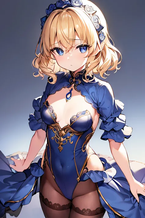 (4K、high resolution、High resolution、Detailed light、Detailed Shadows、Detailed Design)、1 girl、Blonde、Short hair that is not too long、Fluffy curly hair、Blue and black clothes、(Aggressive design)、((Modest chest、Smaller breasts))、leotard、Shameless、