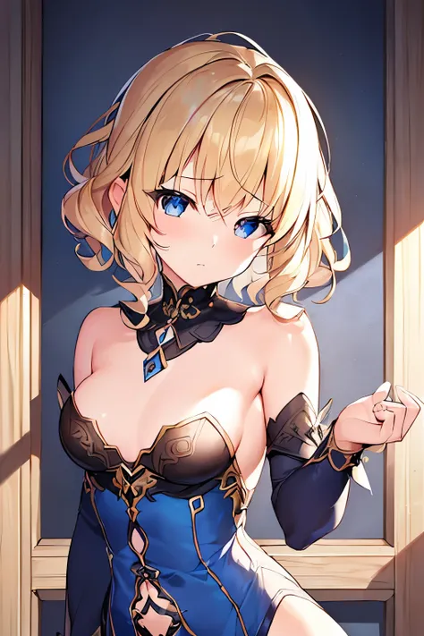 (4K、high resolution、High resolution、Detailed light、Detailed Shadows、Detailed Design)、1 girl、Blonde、Short hair that is not too long、Fluffy curly hair、Blue and black clothes、(Aggressive design)、((Modest chest、Smaller breasts))、leotard、Shameless、