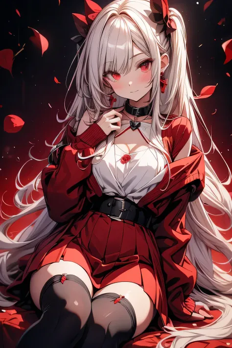 Beautiful anime woman with long white hair tinged with red and blood red eyes. Wearing a wine red sweater falling off her shoulders and exposing her collarbones, tucked into a high waist short black skirt, and dark stockings with high heels. A rose and som...