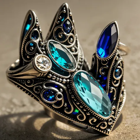 macro aesthetic, magical ring, intricate ornate details, super details, exquisite gemstones, fantastic design, realistic, jewels, ethereal, bioluminescent, steampunk, translucent, porcelain, mechanical, iridescent, delicate, blue tones, metal, reflective, ...