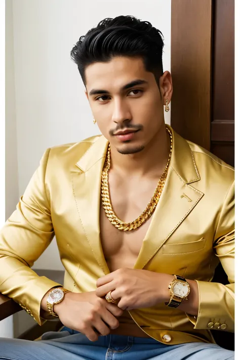 Hispanic male with gold grillz, designer shoes, matching fit, Rolex watch, diamond earrings, cuban link