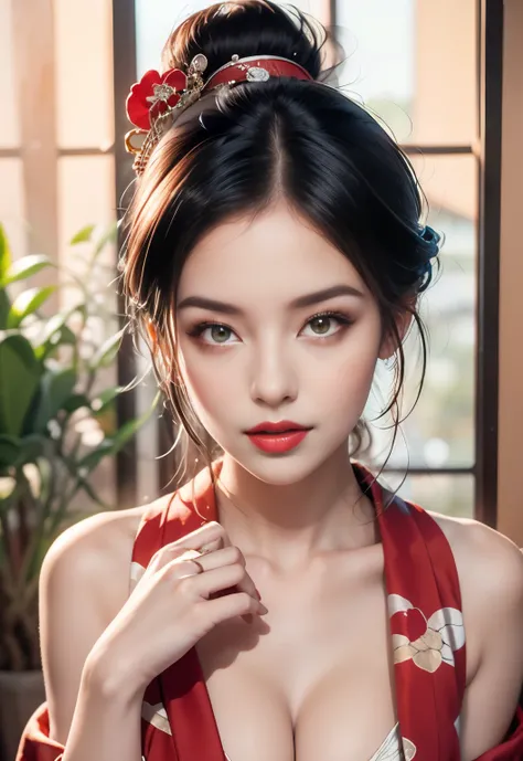 Top quantity，Ultra HD resolution,  Ultra-thin face,   ()，Long eyelashes,   Very detailed lips,   Exquisite eyes,   Double eyelids,   Makeup face.   Hair accessories,    grace,    enchanting,

((Beautiful Japanese geisha. Wearing red kimono. Bare shoulders ...