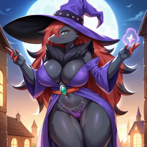 uploaded on e621, explicit content, (katahane3, naika, ruka, chobonolly, mmbct01), female, solo, pokemon, furry, zoroark, fox, black fur, black body, smile, big large breasts, natural breasts, witch outfit, purple clothing, revealing clothes, purple hat, p...