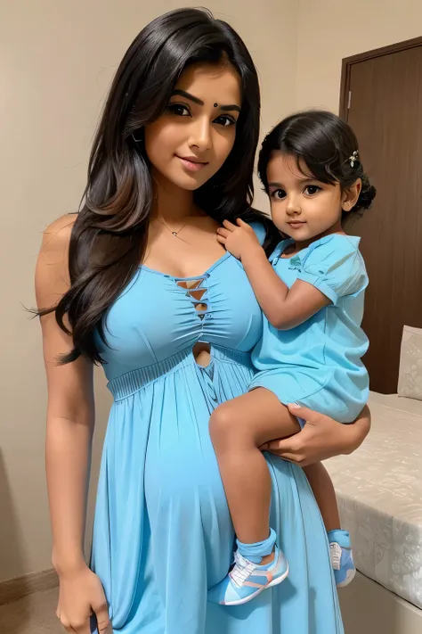 12 years cute beautiful face with hot indian super bowl girl only with his 5 years cute little beautiful baby pic with pregnant with stylish sky blue colour modern trending hot sexy dress with hot full size  full romantic hot sexy moody pic