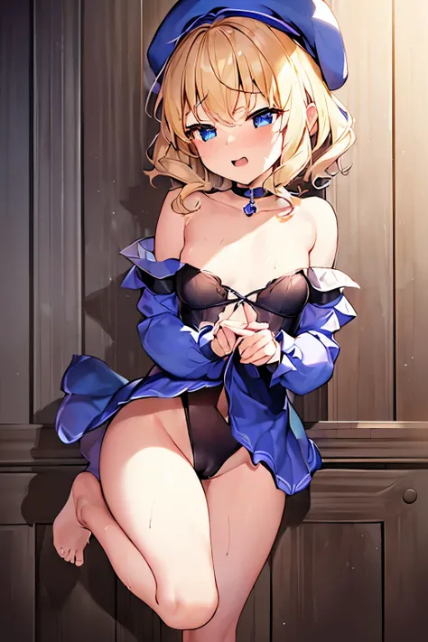 (4K、high resolution、Detailed light、Detailed Shadows、Detailed Design)、1 girl、Blonde、Short hair that is not too long、Fluffy curly hair、Blue and black clothes、beret、(Aggressive design)、((Modest chest、Smaller breasts))、leotard、barefoot、Shameless、Redness、Lust、E...