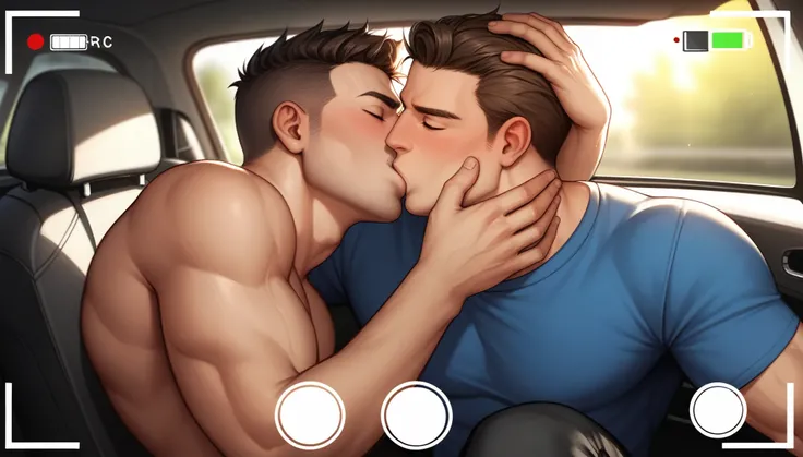 best quality, masterpiece, hyper realistic, extremely detailed, pov from camera viewfinder, at car workshop, gay, homoerotic, extremely handsome mechanic man, kissing a handsome businessman, dark cinematic lighting, extremely dramatic shadows, perfect fing...